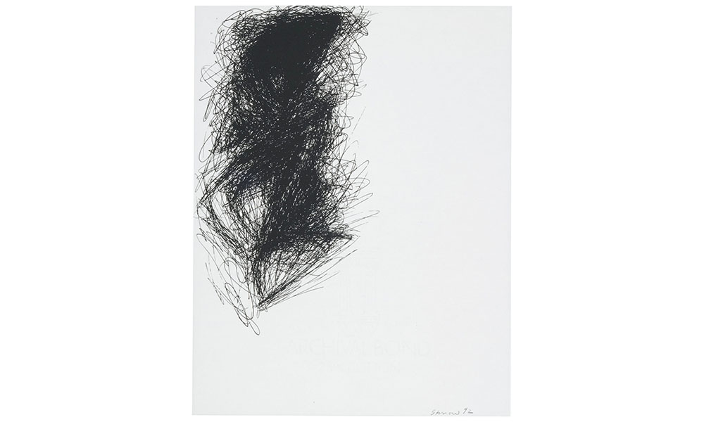 Nancy Storrow's Untitled, a large, dense scribble in the top left half of a white rectangle
