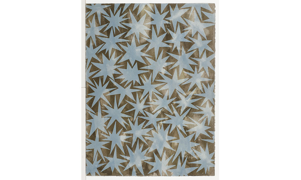 Mark Fox's Starry New Morn, dozens of jaded, paper, several pointed stars cut from paper