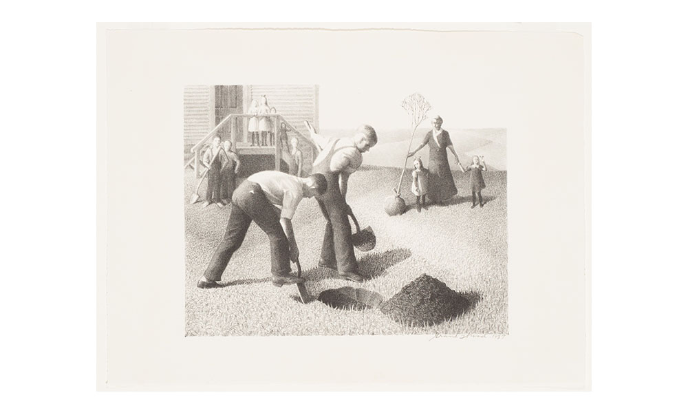 Grant Wood's Tree Planting Group, a black and white drawing of two boys digging a hole outside of a school house as other students watch on. Two girls and a woman carrying a small tree walk towards the two boys.