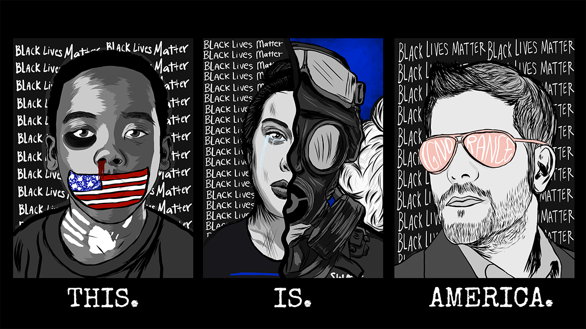 Maria F. Yeager's THIS.IS.AMERICA, three black and white paintings, on the left an African-American boy is gagged by the American flag, in the middle a jagged line divides a crying woman and a SWAT team member, on the left a man wearing pink aviators labeled 'Ignorance'