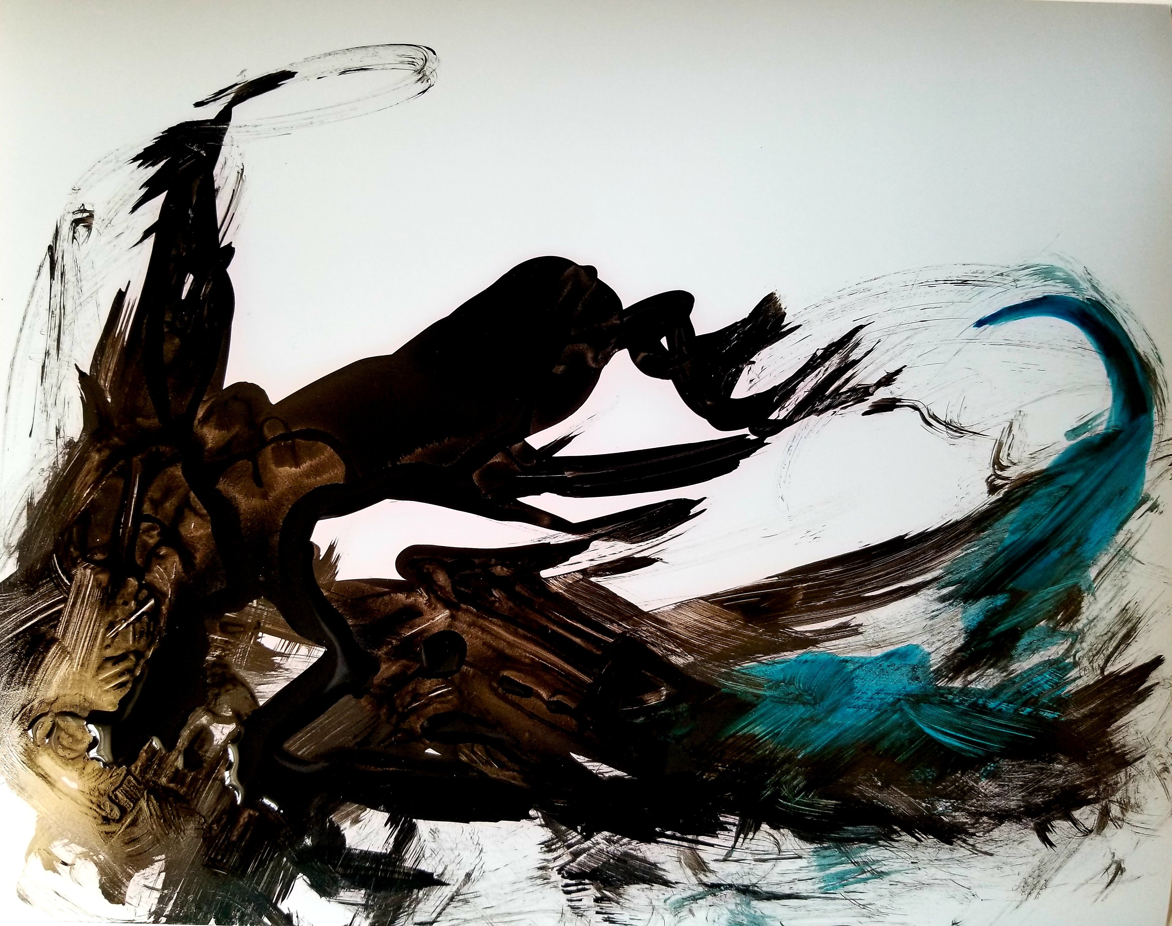 Erin Kelley's View from the Water, a painting of flowing black, dark brown, and blue forms