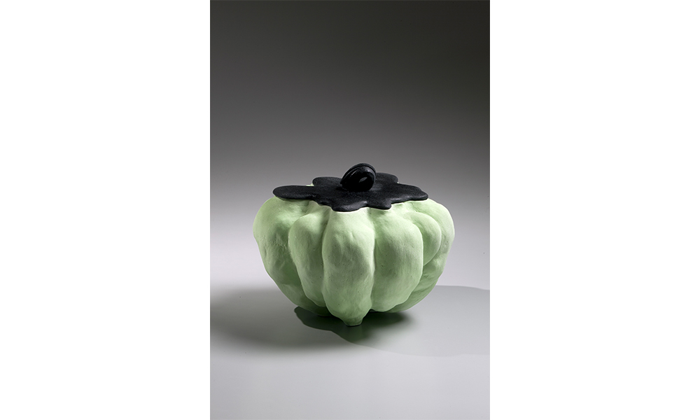 Katsumata Chieko's Akoda (Pumpkin-shaped) Water Jar, a small,  light green, glazed jar in the shape of a pumpkin