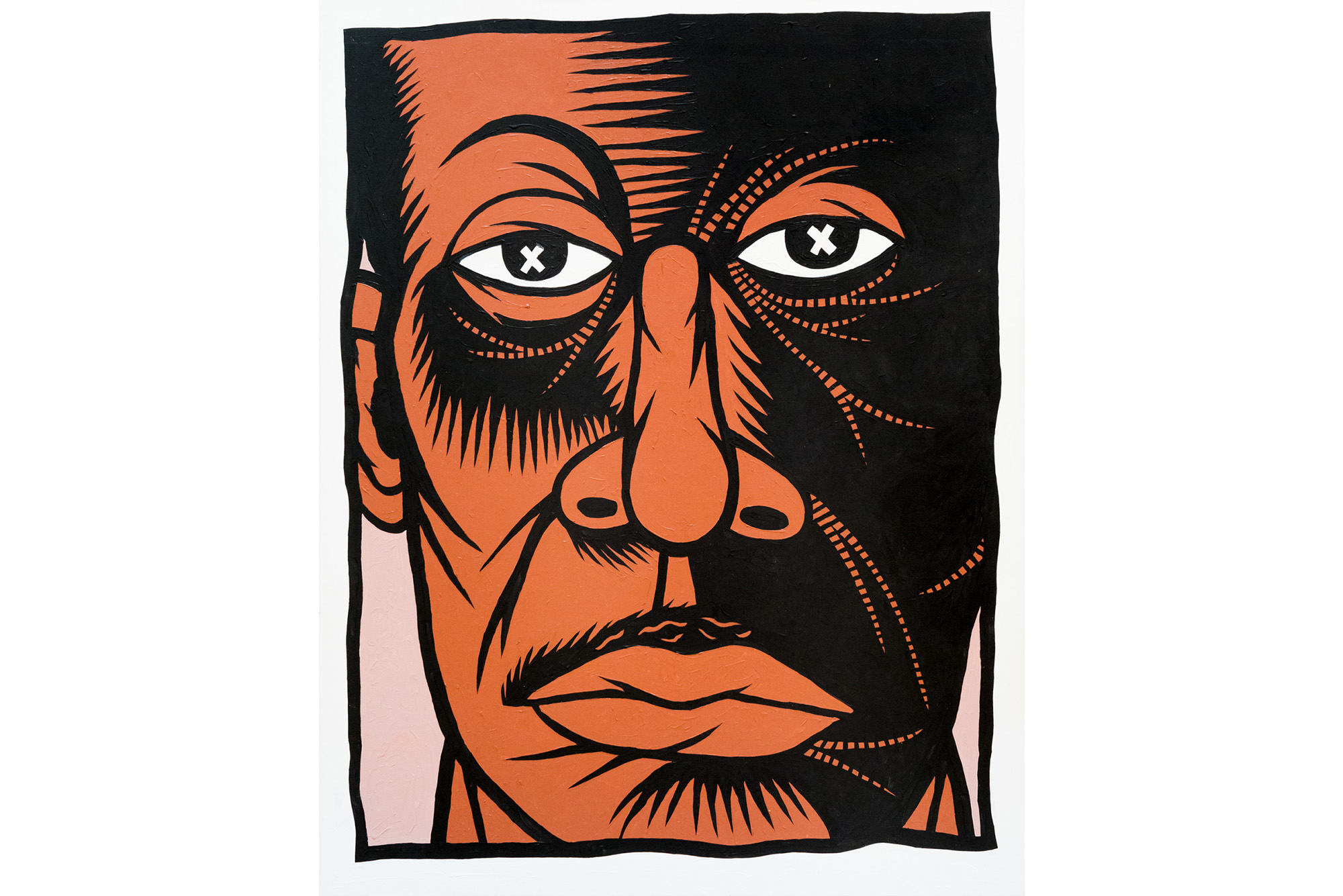 Thom Shaw's Today I am No One, What about 2 Hours from Now, a close up, abstract portrait of an African American man blankly staring at the viewer, the left half of his face is fully black with faint outlines of his facial features. In place of pupils are white X's within black dots