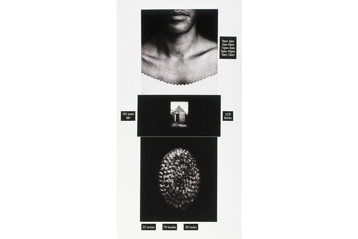 Lorna Simpson's Counting, three black and white photographs aligned vertically. The top photo appears to be an African American woman from her upper lip down to her chest. The middle photograph is an old brick hut with a cone shaped roof. The last photograph appears to be the top of the woman's head, her hair braided in a circular fashion.