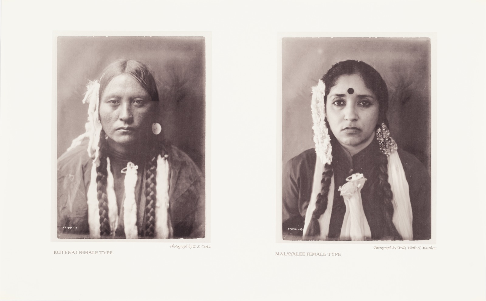 Annu Matthew's Types, Two rectangular, black and white portrait photographs. On the left is an old picture of a Native American woman. On the right, the artist recreates the photo as a self portrait.