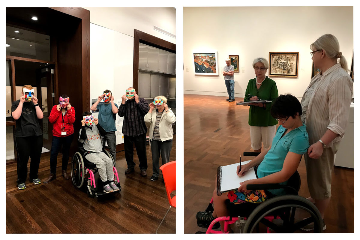 on the left, visitors show off masks they made, on the right, a visitor receives a specially guided tour