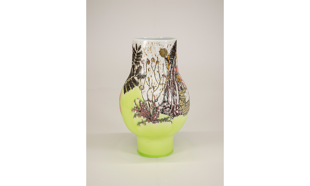 Green Globe Vase, a porcelain vase decorated with various dull colored wild flowers in a neon yellow base