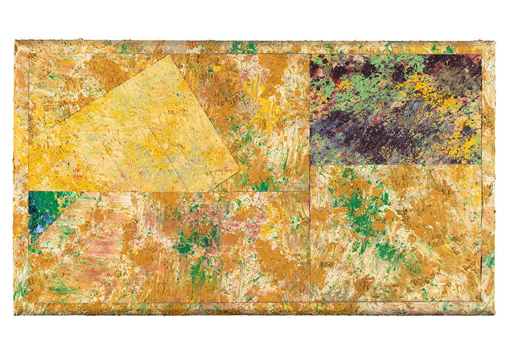 Sam Gilliam's Tequila, a horizontal painting in golden yellows, with smaller rectangular sections and a layer of coarse green strokes across the painting