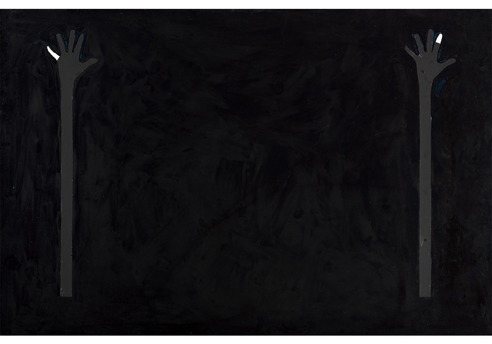 Lois Lane's Untitled, an abstract painting of two outstretched arms  on either side of a field of black canvas. The arm on the left has a white pinky finger. The arm on the right has a white index finger