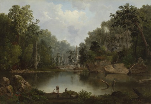 Painting of a lake side scene