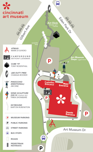 A map of Art Climb, north of Cincinnati Art Museum grounds, including every exhibit and parking options.