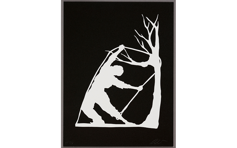 Kara Walker's Snared, depicting the silhouette of a figure straining against a noose on their ankle that wraps around a leafless tree.