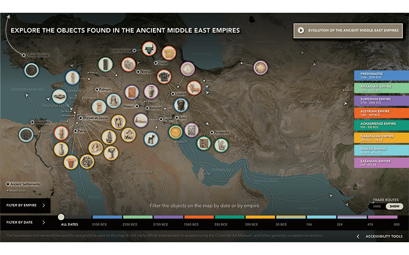 Figure 1: Screenshot of the main landing page of the interactive that situates diverse collection objects on a map to introduce the interconnected nature of this large geographic region.