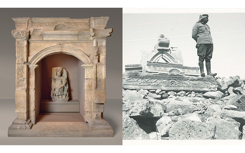 Figure 3: East Façade of Shrine, 101-200, Khirbet et-Tannur, Jordan, Nabataean Kingdom, limestone, Museum Purchase, 1939.22 and photo of Ali Abu Ghosh, a colleague of Nelson Glueck, surveys the temple ruins while standing upon the recently excavated architrave blocks and inner shrine of Khirbet et-Tannur. Photo courtesy of ASOR and Harvard Museum of the Ancient Near East, (September 10, 1936).