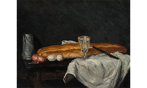 painting of bread eggs, onions, a glass, a knife, and a jug laid out on a table