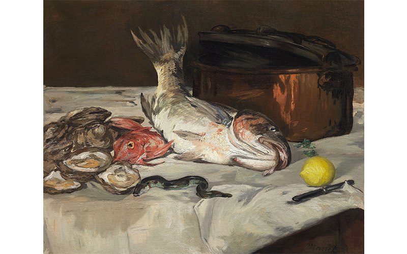 Édouard Manet's Fish (Still Life), painting of some fish, oysters, and a lemon on a table in front of a copper pot