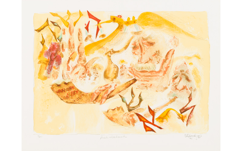 Chaim Gross' Rosh Hashonah, a rectangular, abstract painting with golden hues featuring Hebrew letters scattered around the face of what appears to be an old man playing a horn