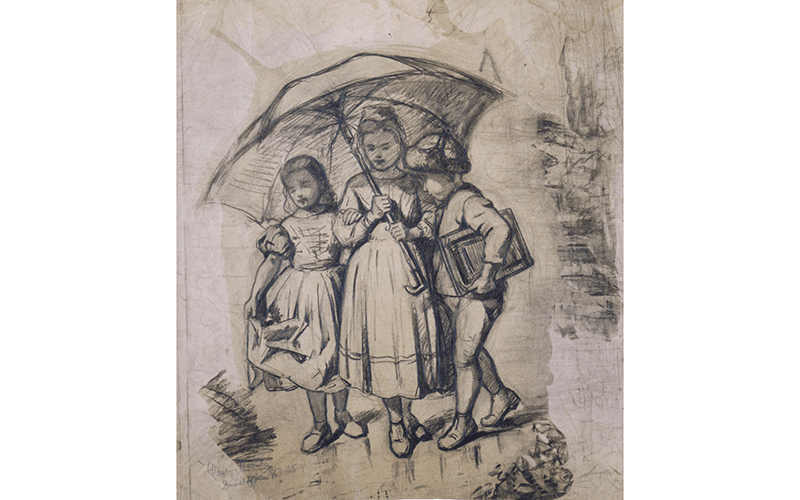 Henry Mosler's Study of Children Under a Red Umbrella, rough pencil sketch of three children huddled under an umbrella