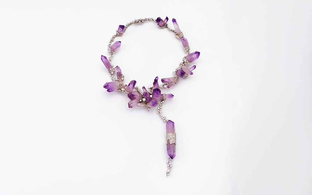 Jean Vendome's Collier Veracruz (Veracruz Necklace), featuring large, rough purple amethyst crystals laced with small, faceted diamonds.