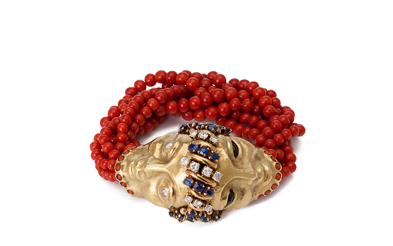 Franco Cannilla (Italian, 1911–1985), designer, Mario Masenza (Italian, 1913–1985), maker, Janus Head Bracelet, circa 1949, gold, coral, diamonds, sapphires