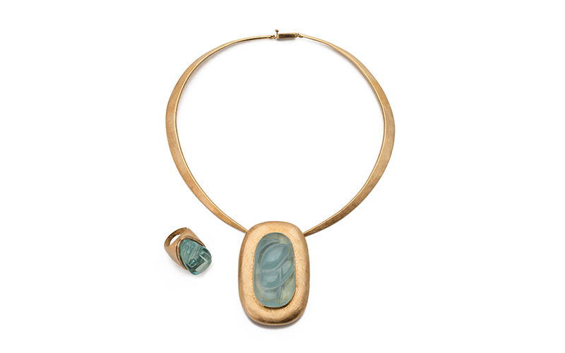 Haroldo Burle Marx (Brazilian, 1911–1991), Necklace with Pendant/Brooch and Ring, 1960s–70s, gold, aquamarine