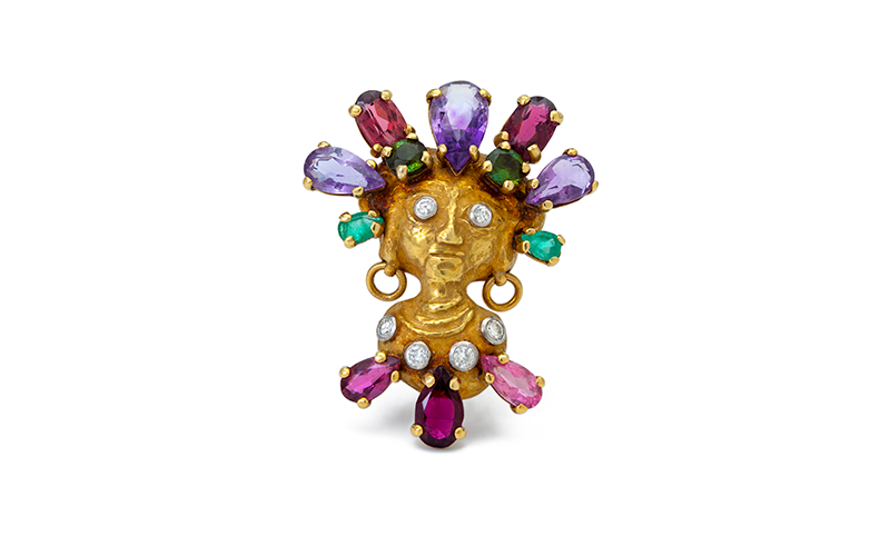 Afro Basaldella (Italian, 1912–1976), designer, Mario Masenza (Italian, 1913–1985), maker, Brooch, circa 1950, gold, diamonds, emeralds, amethysts, tourmalines, rhodolite garnets