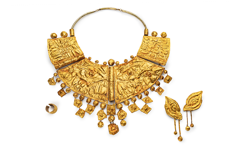 Lisa Sotilis (Greek, b. circa 1944), Necklace, Earrings, and Ring, circa 1970, gold