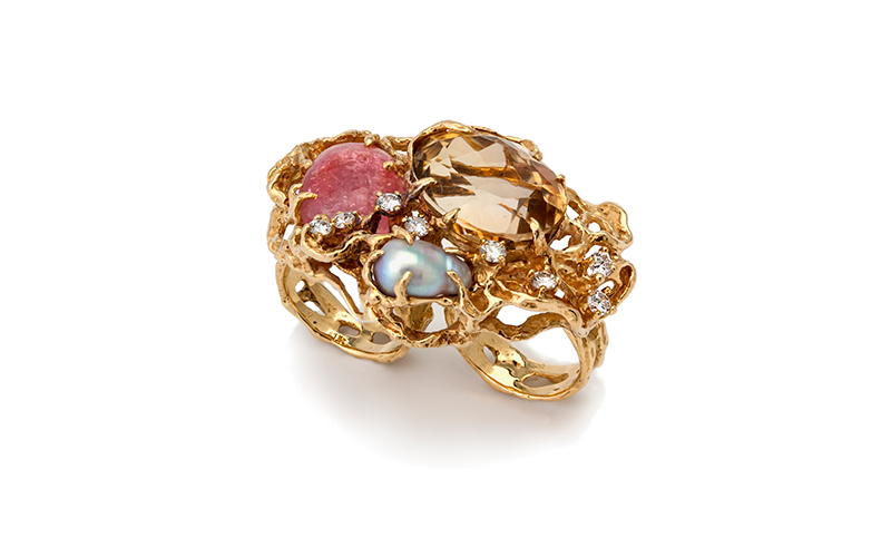 Arthur King (American, 1921–1991), Double Ring, late 1960s, gold, citrine, pearl, quartz, diamonds