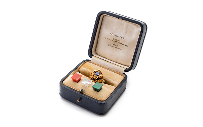 Chaumet (French, est. 1780), Ring with Interchangeable Stones, 1970, gold, lapis lazuli, carnelian, quartz, malachite