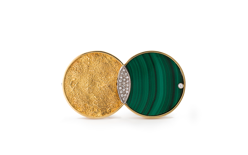 Karl Stittgen (German, worked in Canada, b. 1930), Brooch, 1970s, gold, malachite, diamonds