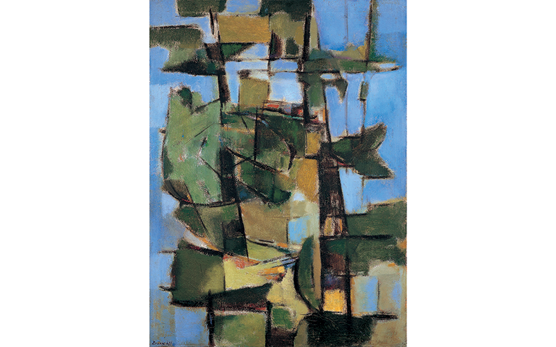 David C. Driskell's Young Pines Growing, an abstract painting of dark green, brown, and yellow rigid shapes hazily outlined in black, and mixing together. Sky blue fills in the gaps left exposed.