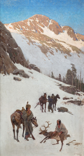 Henry Farny’s Indian Elk Hunt,painting of a group of American Indians and their horses resting in the shadow of a mountain valley after an elk hunt