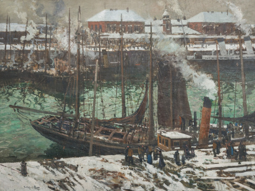 Walter Elmer Schofield’s The Landing Stage at Boulogne, a painting of large sailboats at a dock on the English Channel during winter