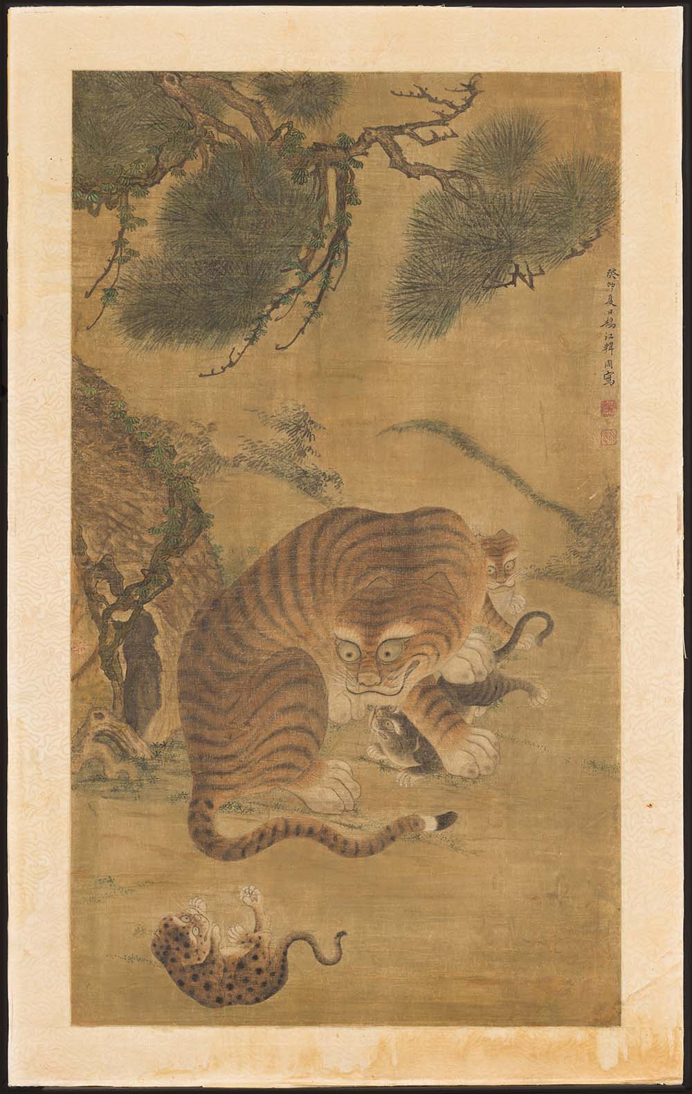 Unidentified Artist (Korean), Tiger and Cubs, 18th century, hanging scroll, ink and colors on silk, Museum Purchase, Lee Cowan Fund for Asian Art, 2019.177