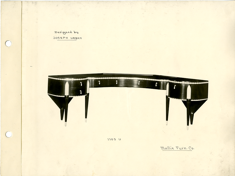 Image of a desk from the Wormser bedroom in a Mallin Furniture Company binder. Joseph Urban Archive, Rare Book & Manuscript Library, Columbia University.