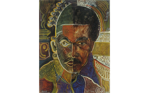 Self Portrait as Beni (“I Dream Again of Benin”), 1974, Egg tempera, gouache, and collage on paper, High Museum of Art, Atlanta, purchase with David C. Driskell African American Art Acquisition Fund, 2015.74
