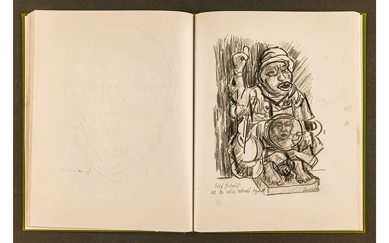 Self-Portrait as Nkisi Nkondi Figure, 2010, Bound sketchbook, Collection of the Estate of David C. Driskell, Maryland