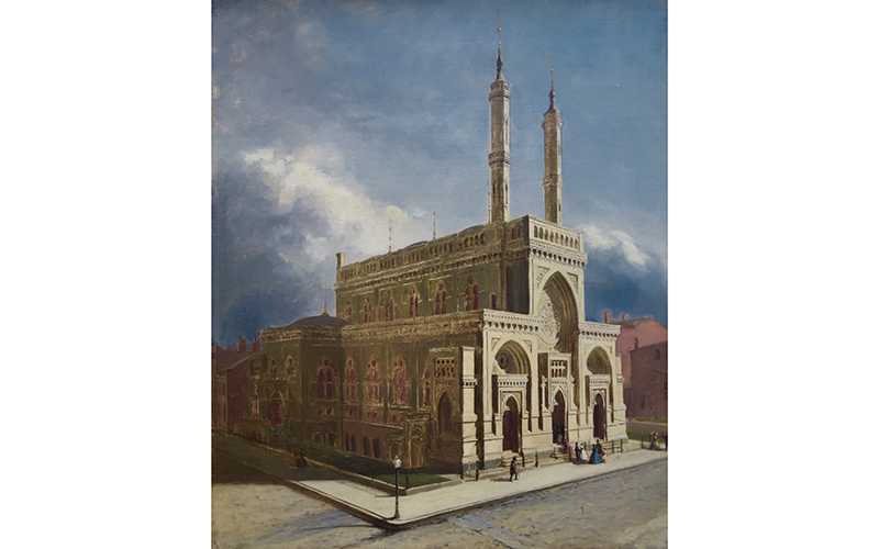 Henry Mosler (American, 1841 – 1920), Plum Street Temple , 1866, oil on canvas, Cincinnati Skirball Museum; Gift of Audrey Skirball Kenis, granddaughter of the artist, 41.259