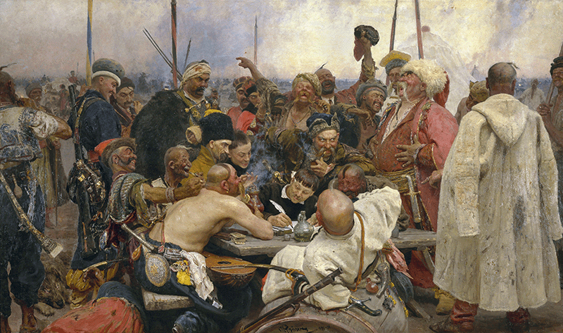 Ilya Repin (1844–1930), The Zaporozhye Cossacks Replying to the Sultan, 1880-91, oil on canvas, 203 x 358 cm, State Russian Museum, St. Petersburg, Ж-4005