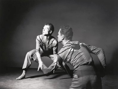 Barbara Morgan's  Merce Cunningham—Root of the Unfocus, black and white photograph of a man in a crouched pose overlaid by a see-through photo of the same man in a different pose