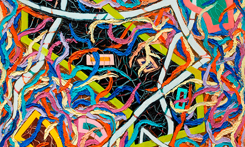 A chaotic painting with thick strokes of blues, yellows, and more colors