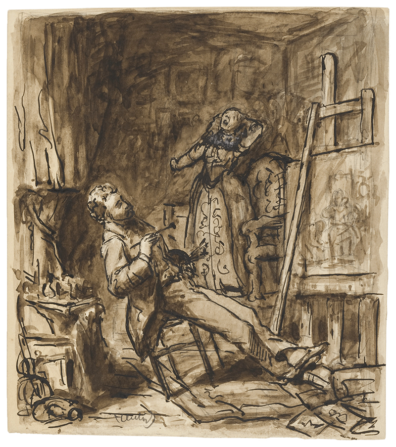 Study of an Artist in His Studio, circa 1874–77, pen and black ink, brown wash, Gift of Henry M. Marx in memory of Agnes Mosler Marx, 1976.582