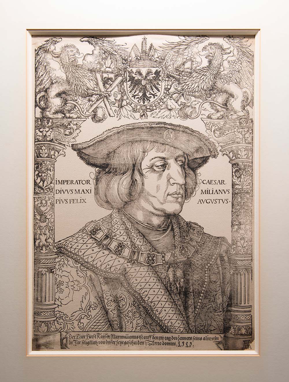 Albrecht Dürer (German, 1471-1528), Emperor Maximilian I (after conservation), 1518-1519, woodcut on paper, Lent in memory of Elaine Reis, L2.2021