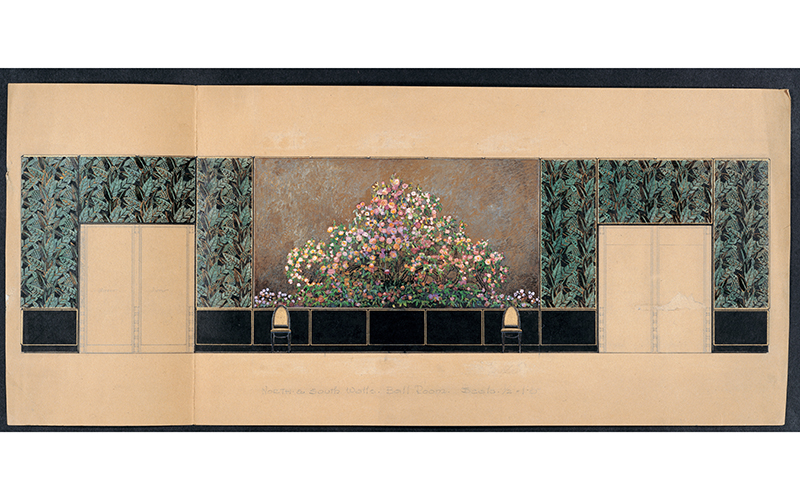 Color drawing of a mural depicting an abundance of floral ornament framed by wall decoration with an allover black and green leaf pattern above glossy black paneling. 