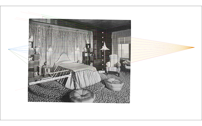 A black and white image of Elaine Wormser’s bedroom with digitally created lines mapping out the space.