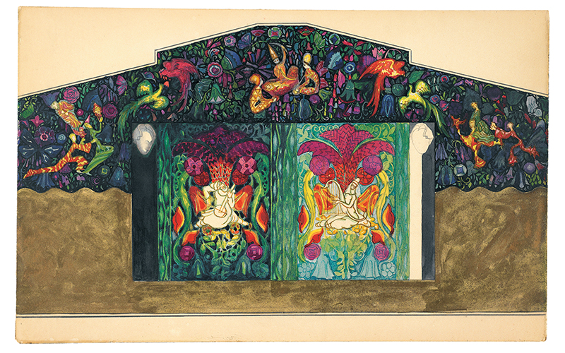 Color drawing showing details of the Hotel Gibson wall mural and stage backdrop, featuring animal, vegetal, and figural forms in deep blue, green, orange, and pink. 