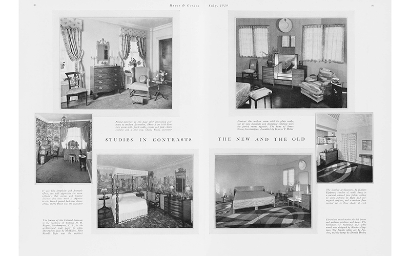 Collection of black and white photographs show home interiors.
