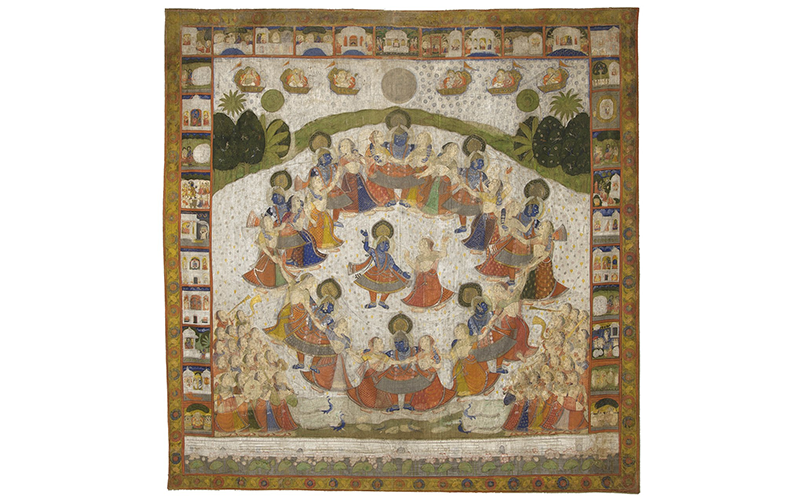 Krishna Dances with the Cowherd women, circa 1850–1900, India; Rajasthan (Nathadwara), opaque watercolors, gold, and silver on cotton, H. 300 cm × W. 300 cm, Cincinnati Art Museum; Alice Bimel Endowment for Asian Art, 2018.115