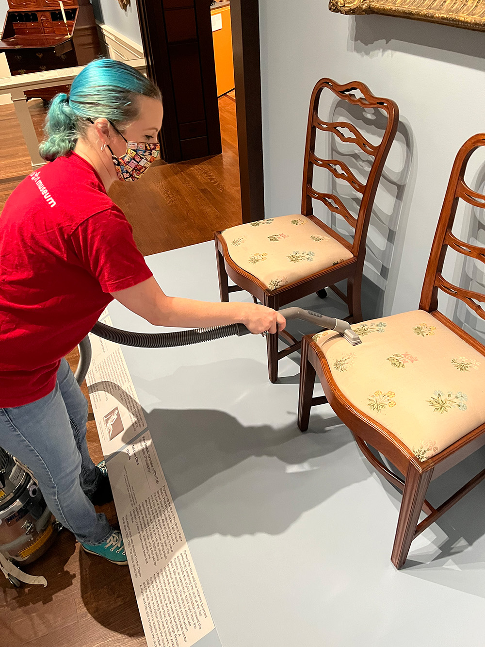 Pair of slat-backed chairs, circa 1760-1775, Philadelphia, Pennsylvania, U.S.A., mahogany wood, reproduction upholstery, Lent by the National Society of the Colonial Dames of America in the State of Ohio, L86-87.1959