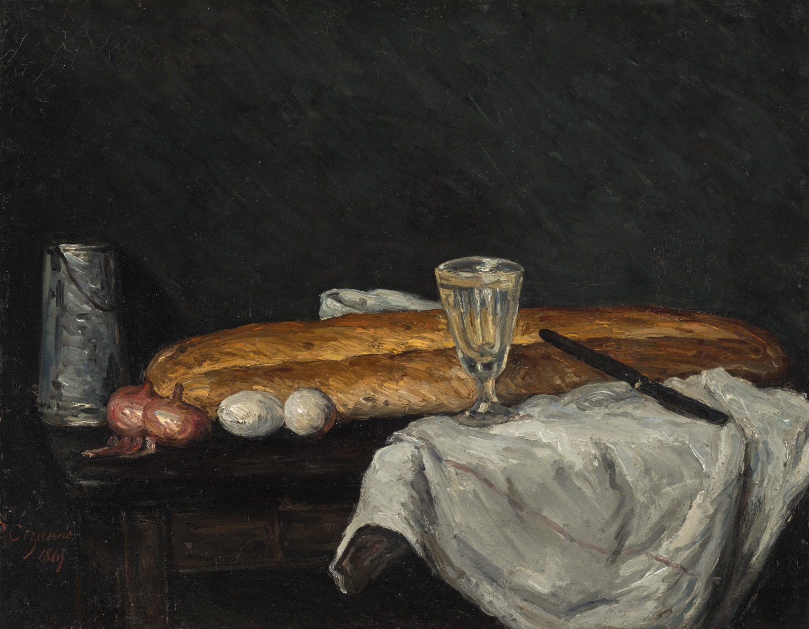 A still life painting of bread and eggs on a table